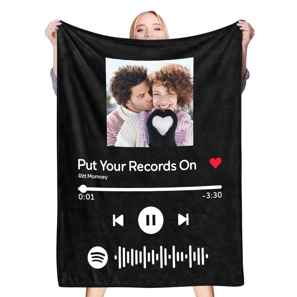 Custom Photo Spotify Code Music Personalized Fleece Blanket Black
