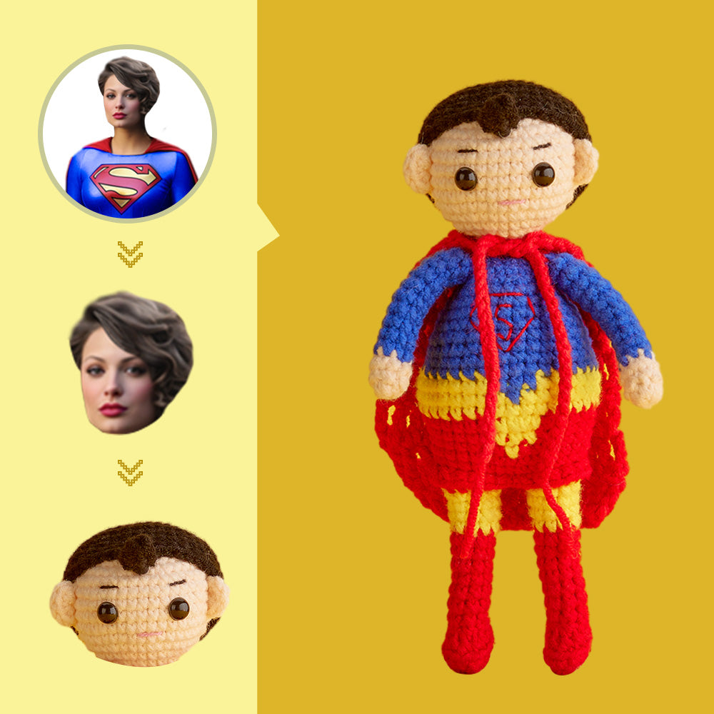Custom Face Crochet Doll Personalized  Handwoven Mini Dolls Gifts - Supergirl - auphotomugs