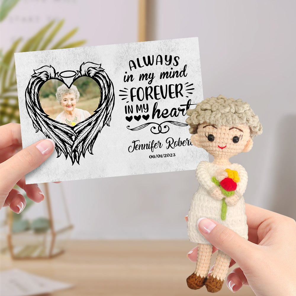 Personalized Crochet Doll Gifts Handmade Mini Look alike Dolls with Custom Memorial Card Always in My Mind - auphotomugs