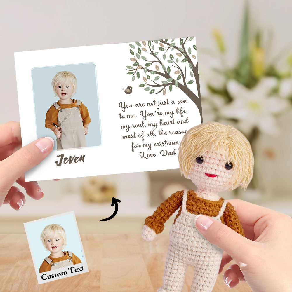 To My Son Custom Crochet Doll from Photo Handmade Look alike Dolls with Personalized Name Card - auphotomugs